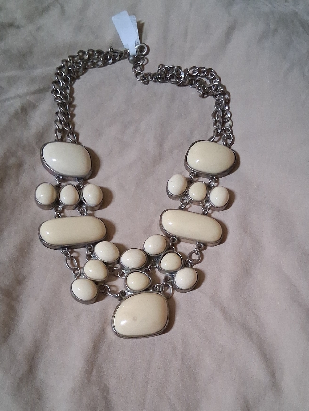 Statement Bib Necklace in Cream with Silver Chain